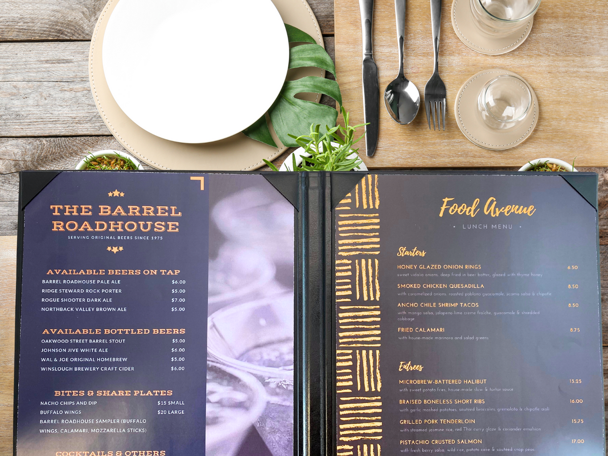 Table Side Menu Menu Designs | Restaurant Menus, Printed Menus, Table Top Displays